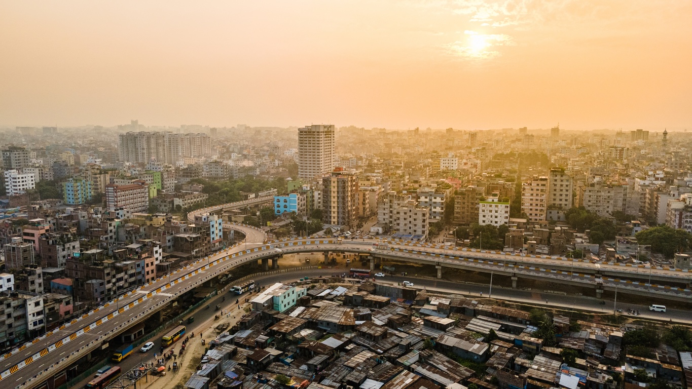 Aerial view of Dhaka City highlighting the Kalshi flyover. Urban Denisty of Dhaka City