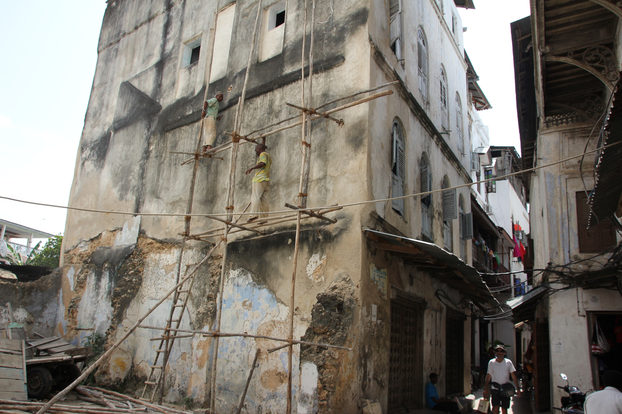 Dangerous Scaffolding in an Alley of Stone Town, Zanzibar, Tanzania, Indian Ocean, East Africa