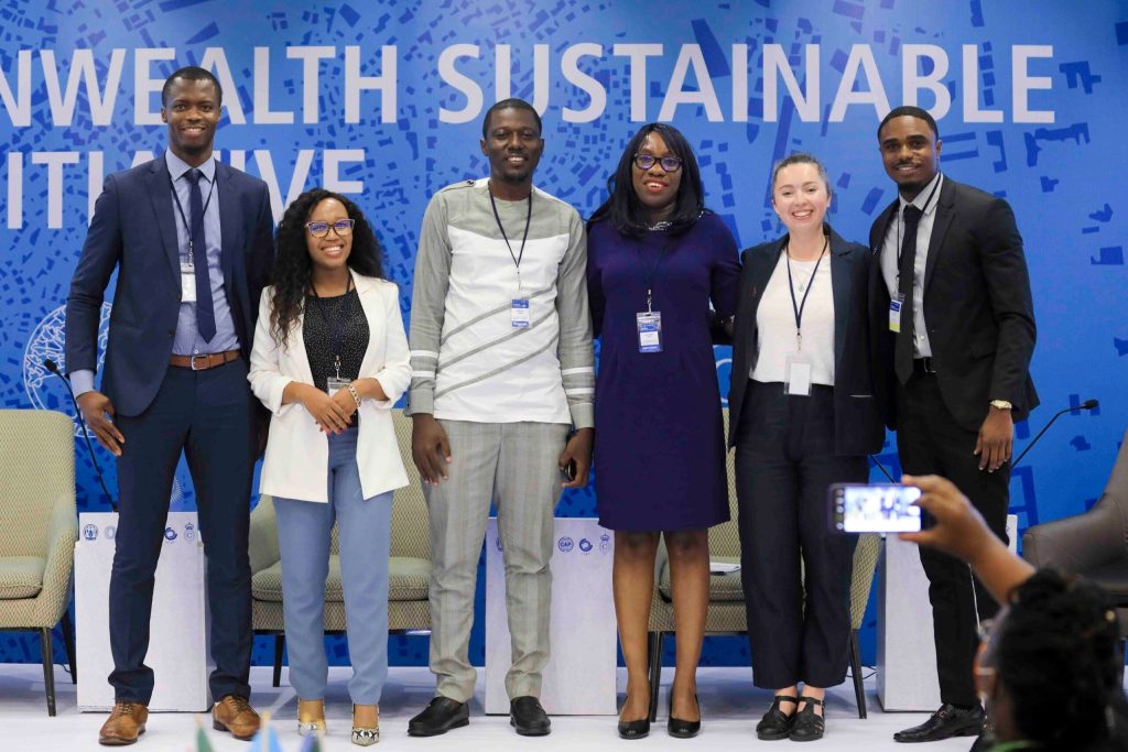 (l-r) Mr Christopher Chukwunta (Nigeria and Canada), Ms Mandisa Mthimkhulu (Eswatini), Mr Martin Fouda (Cameroon), Ms Olafiyin Taiwo (UK and Nigeria), Ms Alice Preston-Jones (UK) and Mr Allan Pollard Jr (Belize)